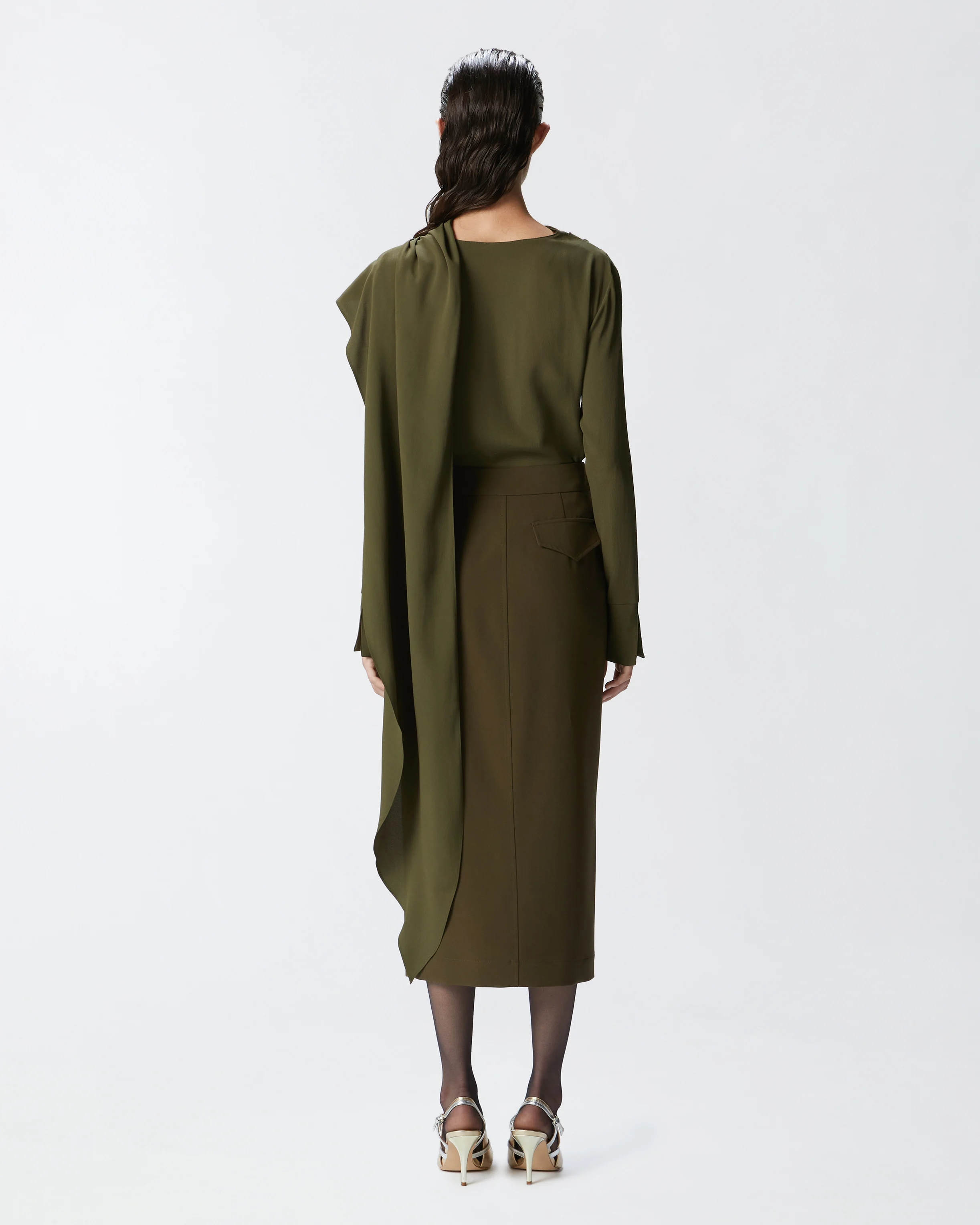 Blouse fluide mélangée à grande écharpe | Vert