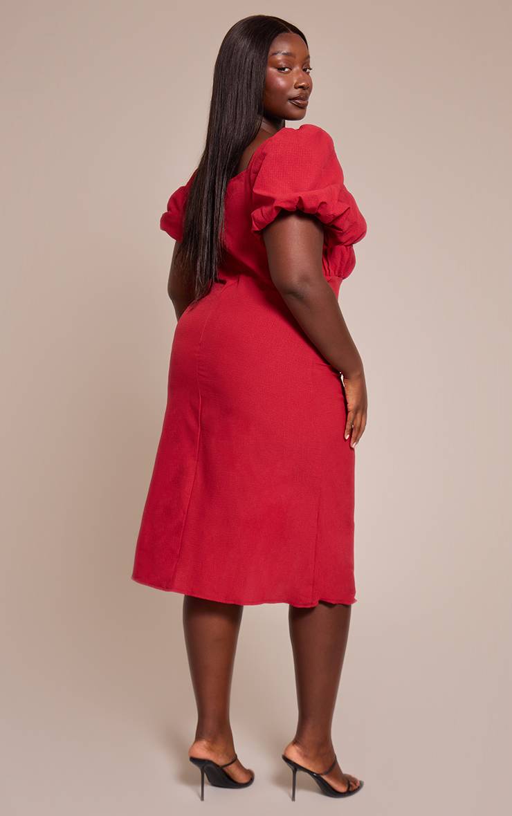 Rouge Profond Robe Midi Grande Taille À Manches Bouffantes Froncée Avec Fente Latérale