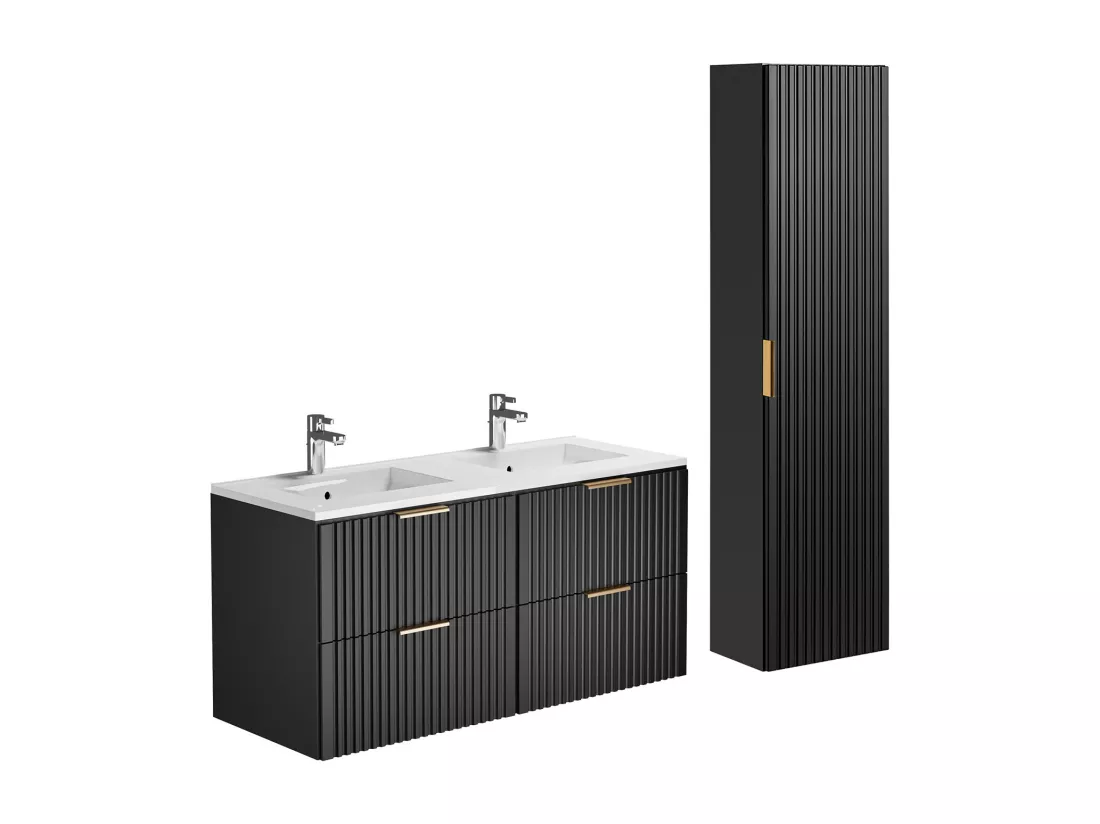 Meuble de salle de bain suspendu strié avec vasque à encastrer et colonne - Noir - 120 cm - ZEVARA