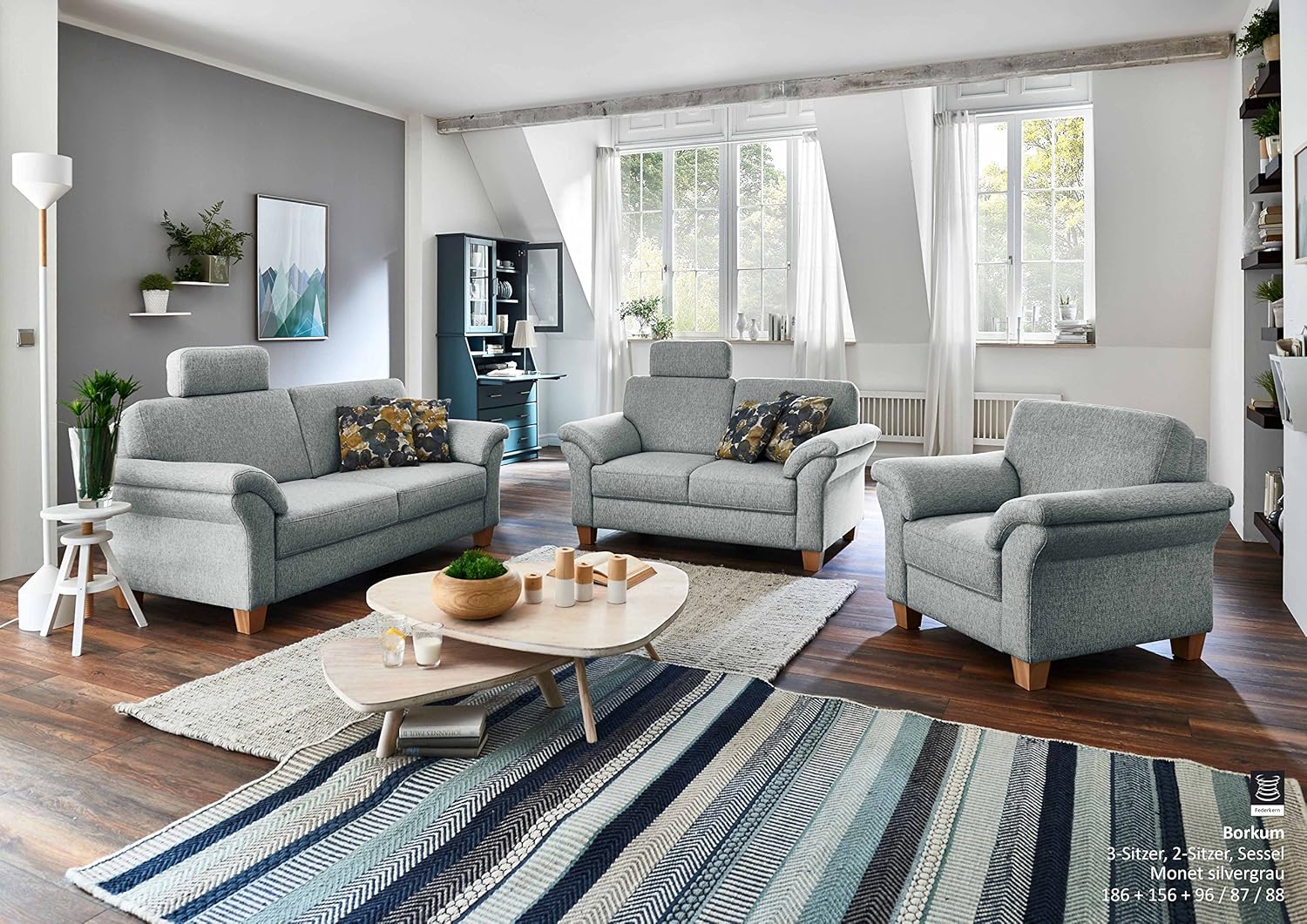 CAVADORE 3-Sitzer Byrum / Große 3er-Couch im Landhausstil mit Federkern / Passend zur edlen Sofagarnitur Byrum / 186 x 87 x 88 / Flachgewebe: Hellgrau