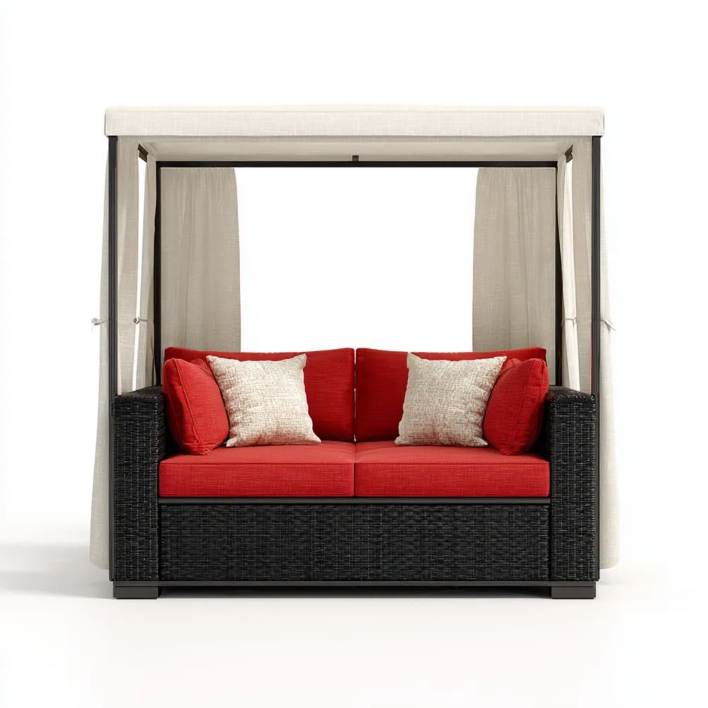 2-Sitzer-Gartensofa Polyrattan 185x120x200 cm - Schwarz/Rot - Mit Vorhängen
