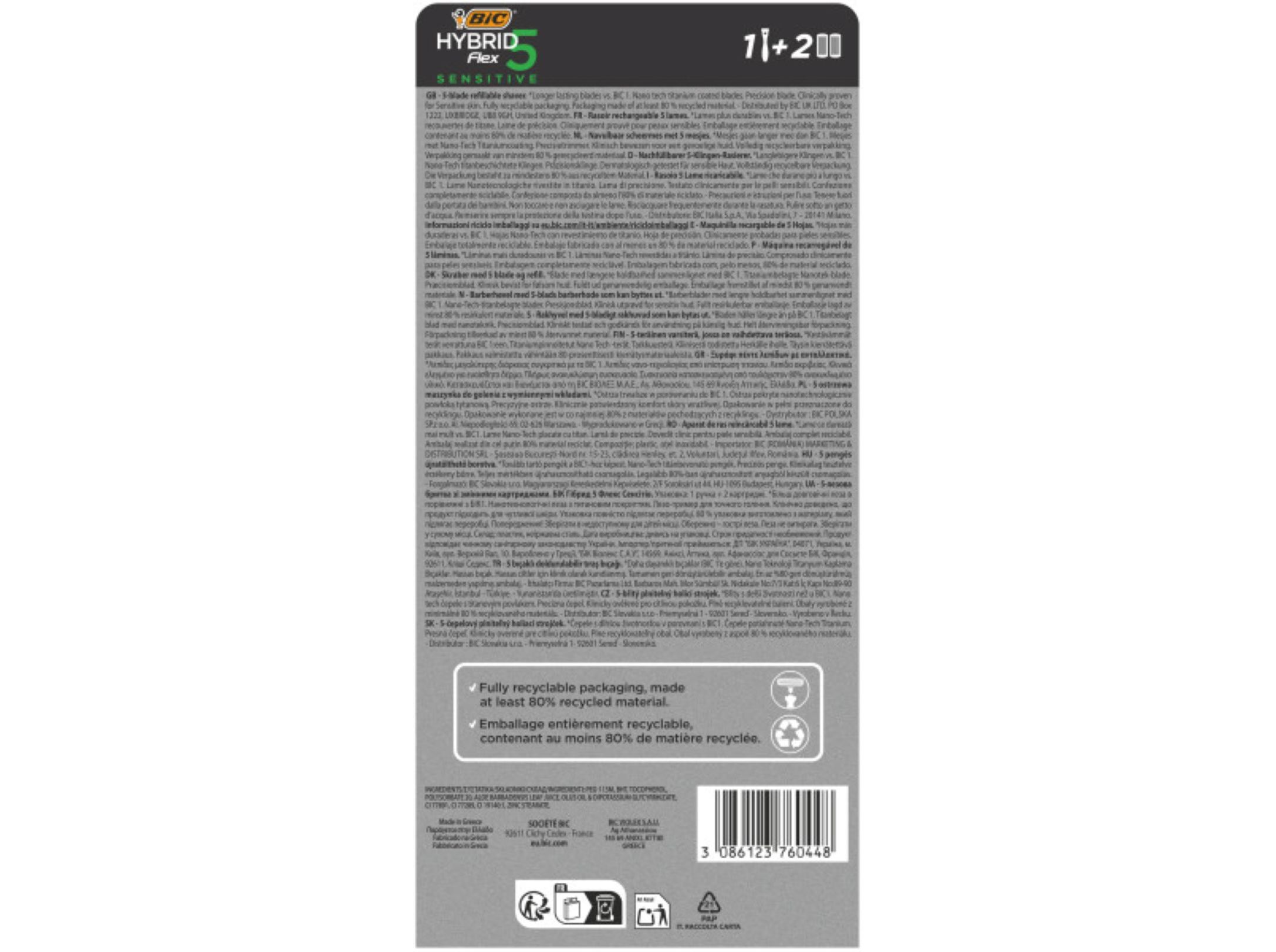 MÃQUINA BARBEAR BIC HYBRID5 SENSITIVE  2 RECARGAS
