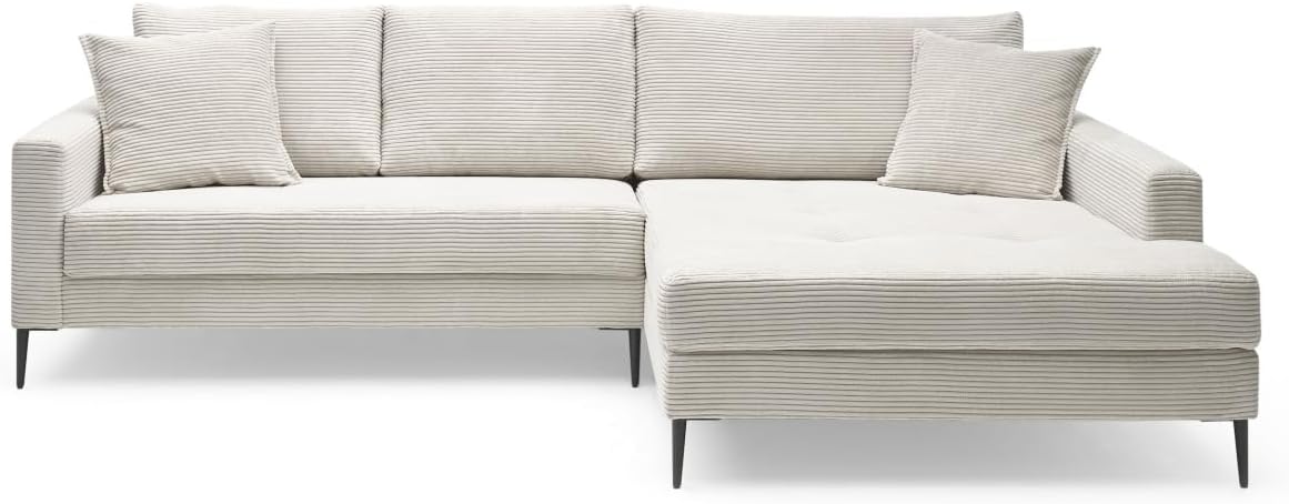 Sofa Hilary Cream, modernes Ecksofa, Cordbezug in Cream, Ottomane rechts, Couch mit hohem Sitzkomfort, pflegeleicht & formstabil, Metallfüße, Sofa in L-Form rechts, Made in Europe