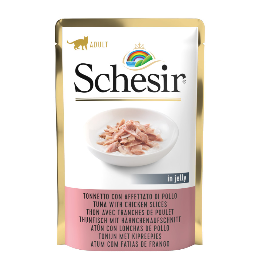 Sachê de 85g de atum com presunto de frango Schesir para gatos adultos.