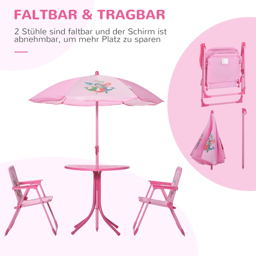 Outsunny Kindersitzgruppe mit Tisch und Sonnenschirm rosa