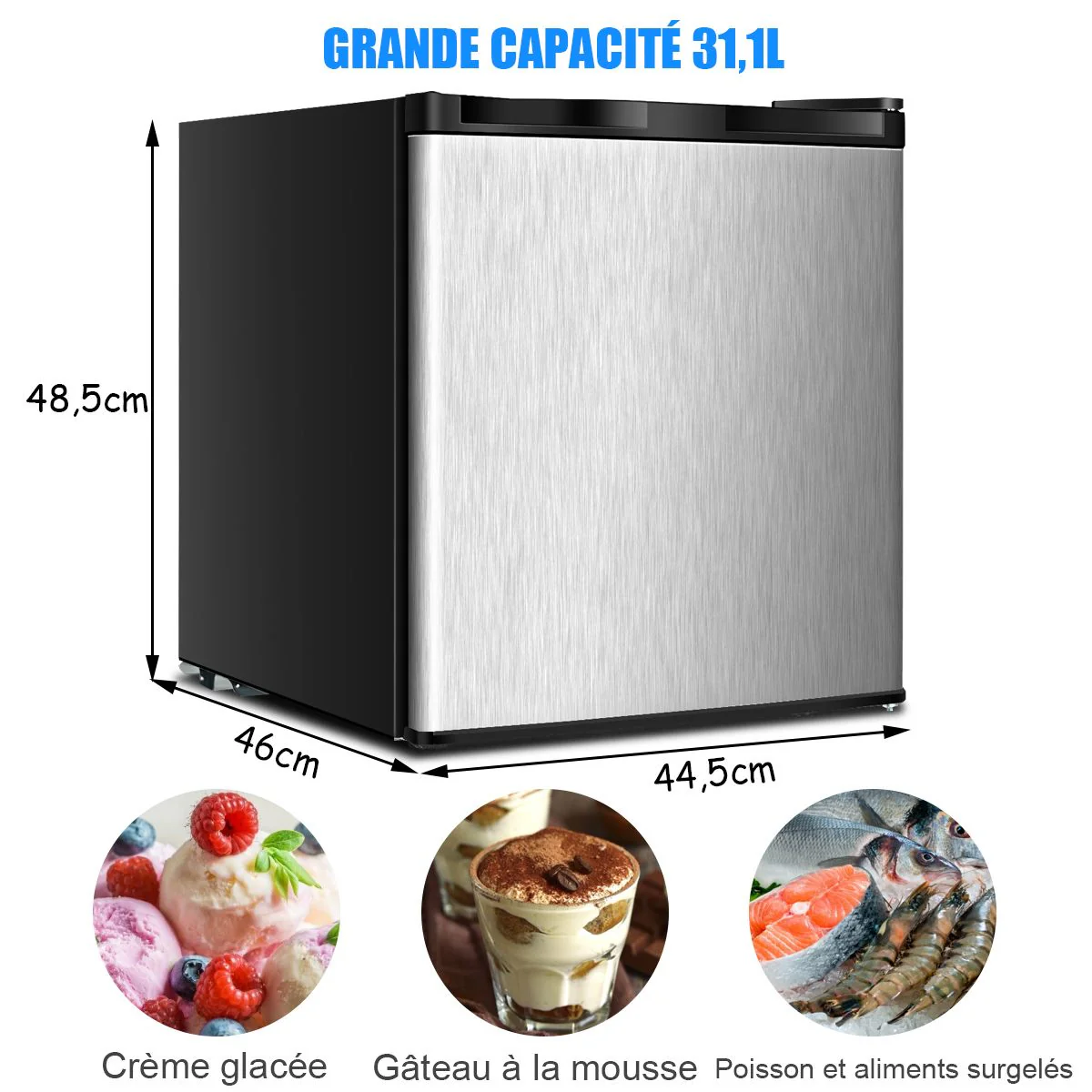 Mini Congélateur Vertical Capacité 31,1 L Porte Réversible en Acier Inoxydable Contrôle Mécanique Température Réglable