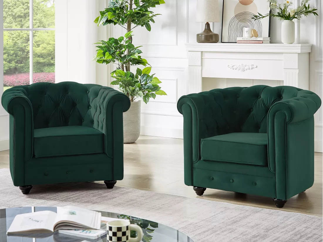 Fauteuil en velours vert CHESTERFIELD