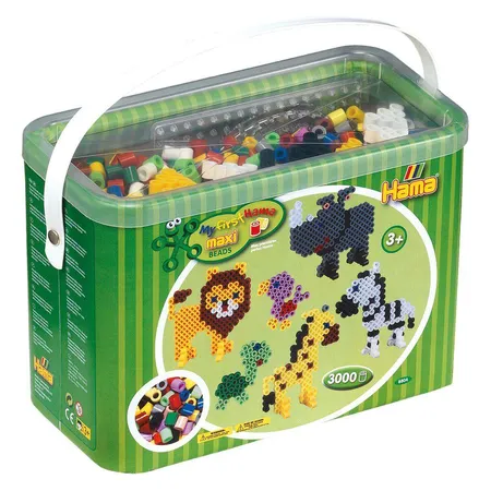 Hama Bügelperlen Bügelperlen Maxi, ca. 3000 Stück im Eimer, inklusive Stiftplatten Quadrat, Kreis und Stern sowie Zubehör