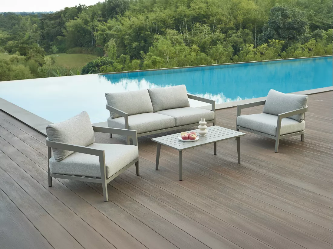 Salon de jardin en aluminium : un canapé 2 places, 2 fauteuils et une table basse - Gris - MILLANA de MYLIA
