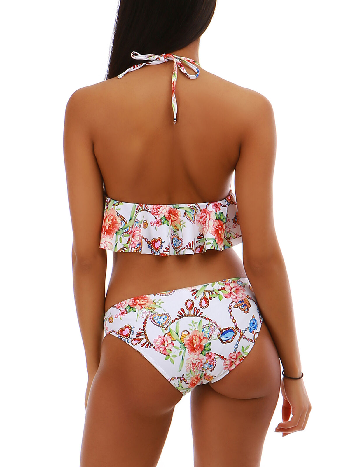 Ensemble de bikini à volant et imprimé floral- Blanc