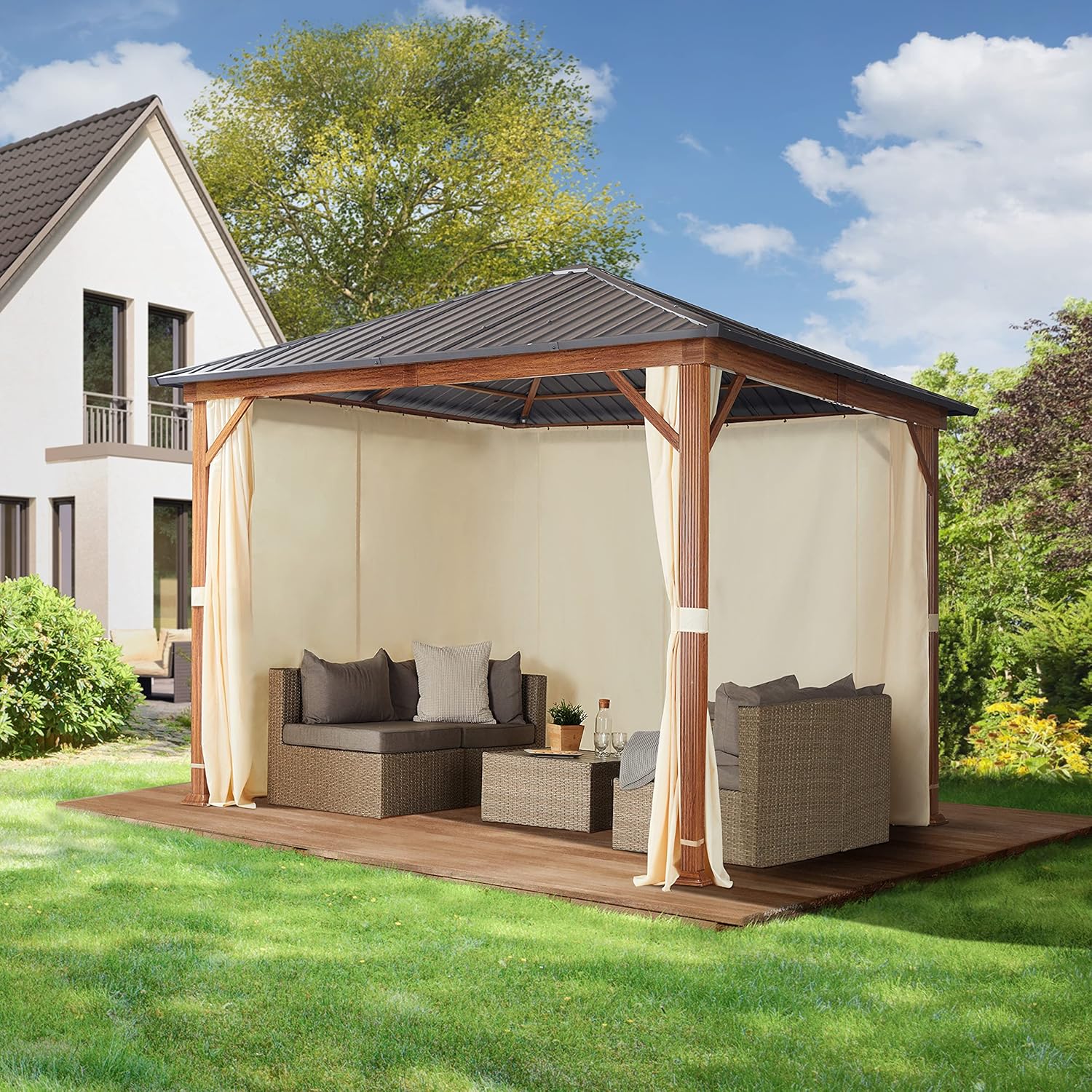 TOOLPORT Gartenpavillon 3x3 m Holzoptik, Stahldach Hardtop 4 Seitenteile in Champagner