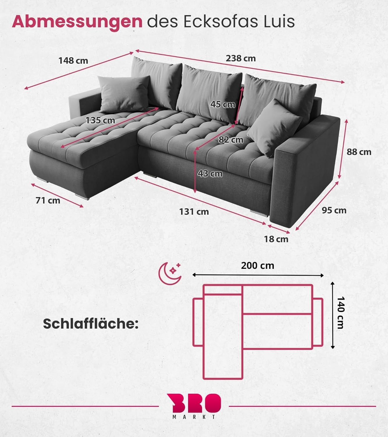 BROMARKT Sofa mit Schlaffunktion Ecksofa L-Form Schlafsofa Couch Bettkasten Wohnzimmer Möbel LUIS Couch 3 Sitzer Bett mit Bezugbehalter 238x150x72 Hellgrau