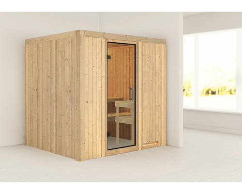 Plug & Play Sauna Karibu Maria zonder kachel, zonder dakrand, met volledig glazen deur van helder glas