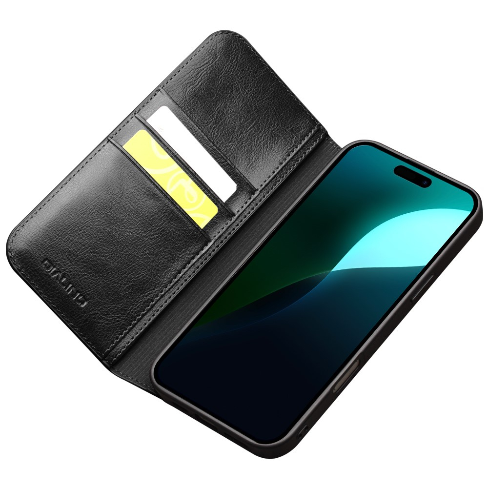 iPhone 16 Echtleder Tasche Flip Wallet Cover mit Kartenfächer - Schwarz