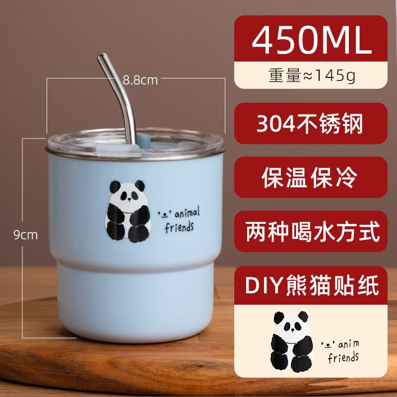 Koringa - Panda RVS drinkfles met rietje