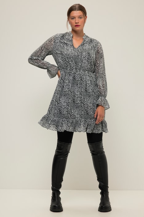 Leo-Kleid, A-Line, Minimal-Leo Chiffon, Tunika-Ausschnitt, Langarm
