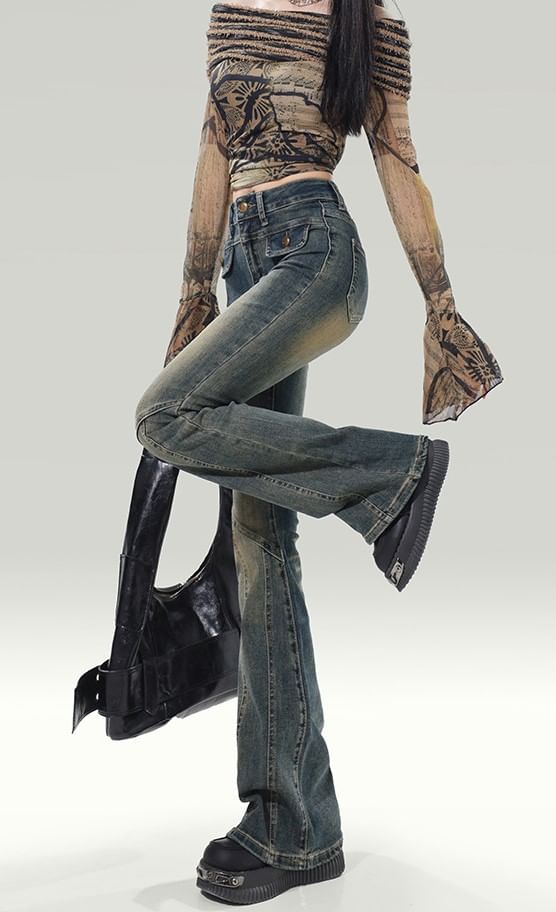 Horrysonie - High Waist Washed Flared Jeans
