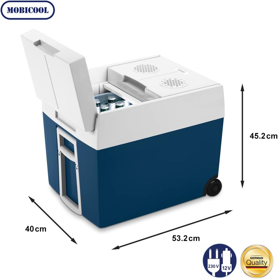 Mobicool MT48W AC/DC - elektrische Kühlbox mit Rollen passend für eine komplette Getränkekiste/Bierkiste, 48 Liter, 12 V und 230 V für Auto, LKW, Boot, Reisemobil und Steckdose