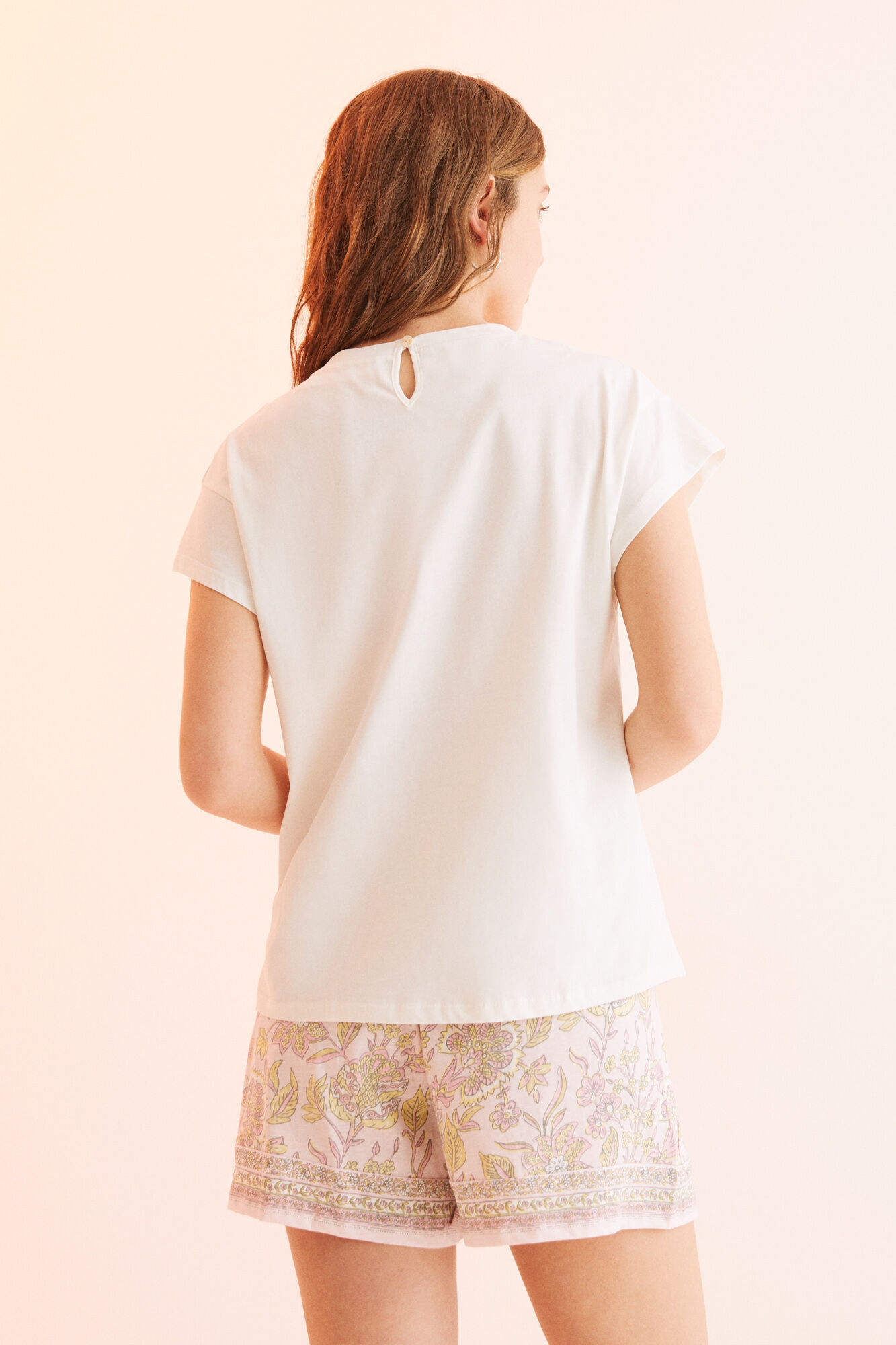 Pijama curto, 100% algodão, com amarração nas costas, branco - bege