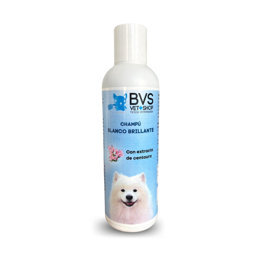 Shampoo com extrato de centáurea que realça os pelos brancos e dá brilho à pelagem do seu animal de estimação.