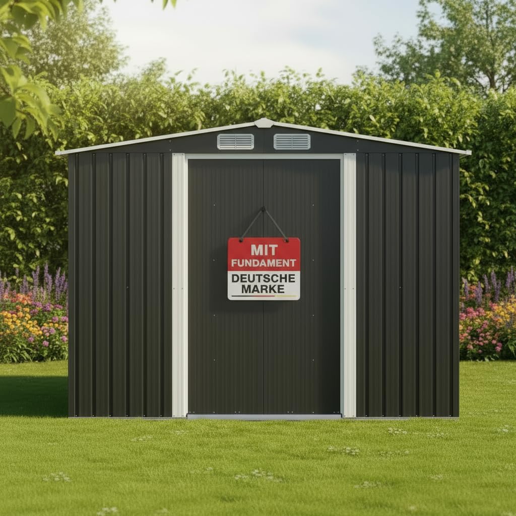 Premium Metall Gerätehaus mit Fundament & Schiebetür – Geräteschuppen Gartenhaus Metallgerätehaus in anthrazit – 3 Größen zur Wahl (8m2)