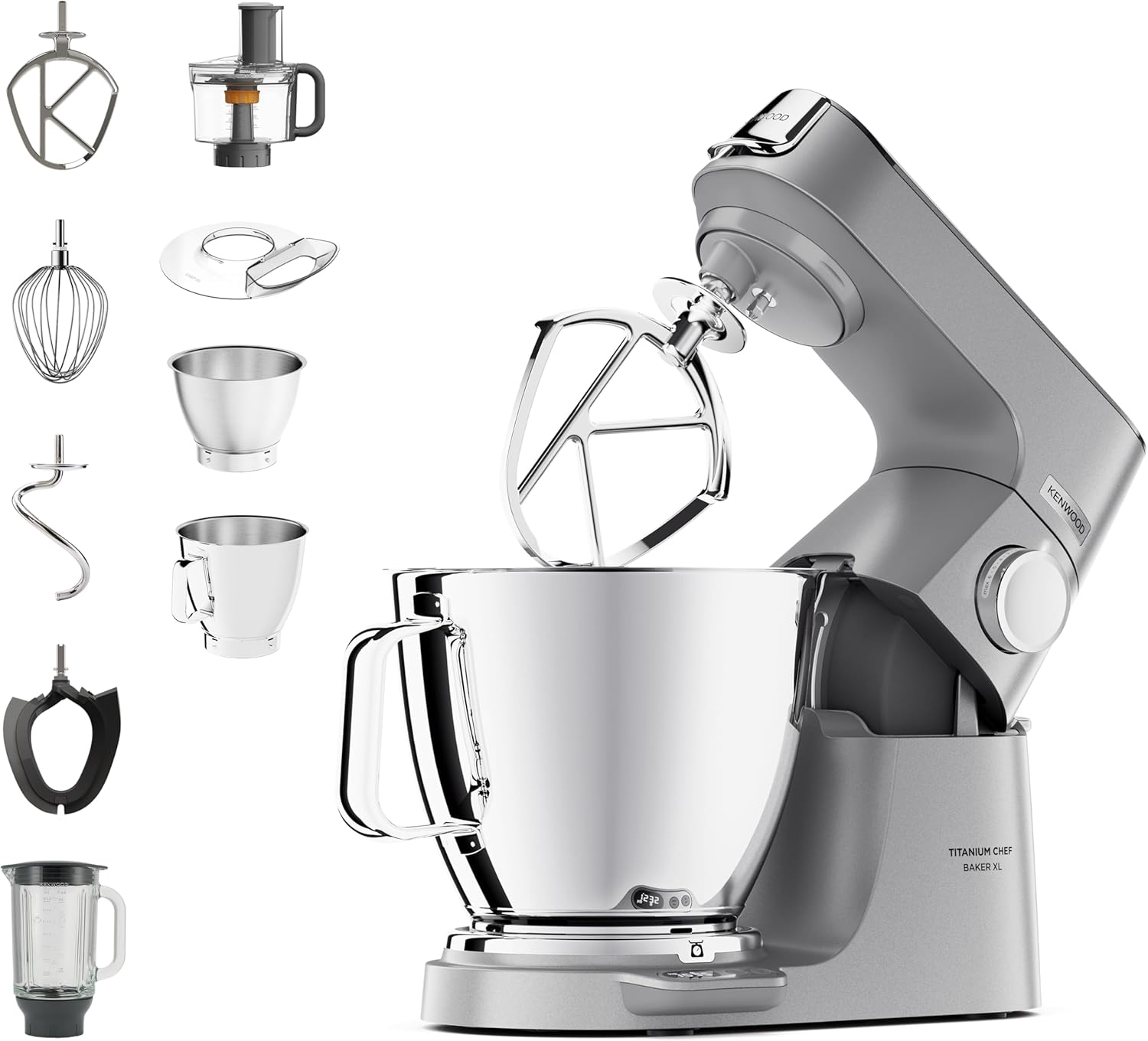 Kenwood Titanium Chef Baker XL KVL85.424SI Küchenmaschine mit integrierter Waage, inkl. 4-teiligem Patisserie-Set, 7 L und 5L Rührschüssel, stufenloser Geschwindigkeitsregler, 1200 W, Silber