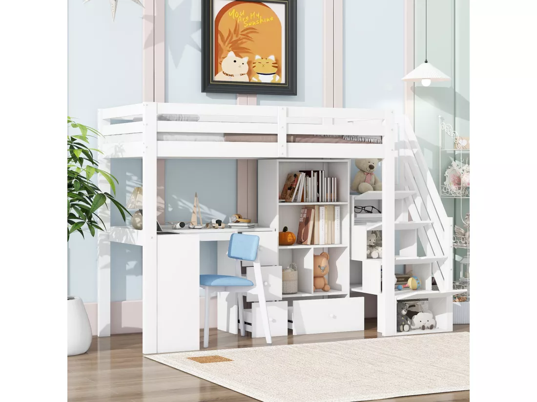 Lit mezzanine 90 x 200 cm avec Bureau, Tiroirs et Placard - Pin + MDF - Blanc (sans matelas)