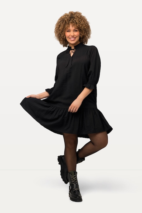 Kleid, Volantsaum, A-Linie, Stehkragen, 3/4-Arm