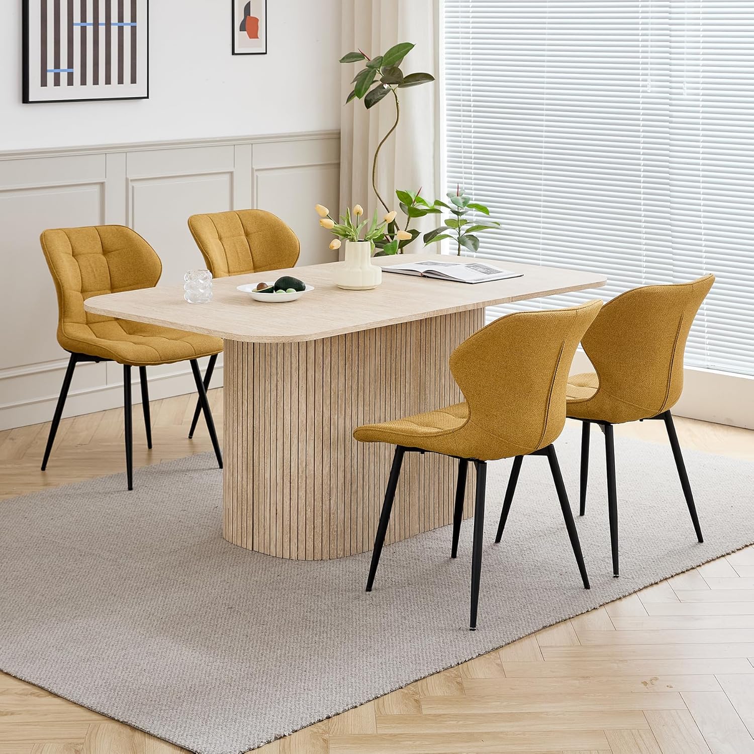 Moderner Esstisch für 4–6 Personen, 160cm Rechteckiger Küchentisch (Travertin-Maserung) mit Schwerem Säulenfuß für Wohnzimmer, Küche, Wohnung, Gelb