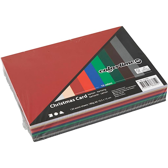 Julekartong, A6, ark 105x148 mm, 180 g, ass. farger, 120 ass. ark/ 1 pk.