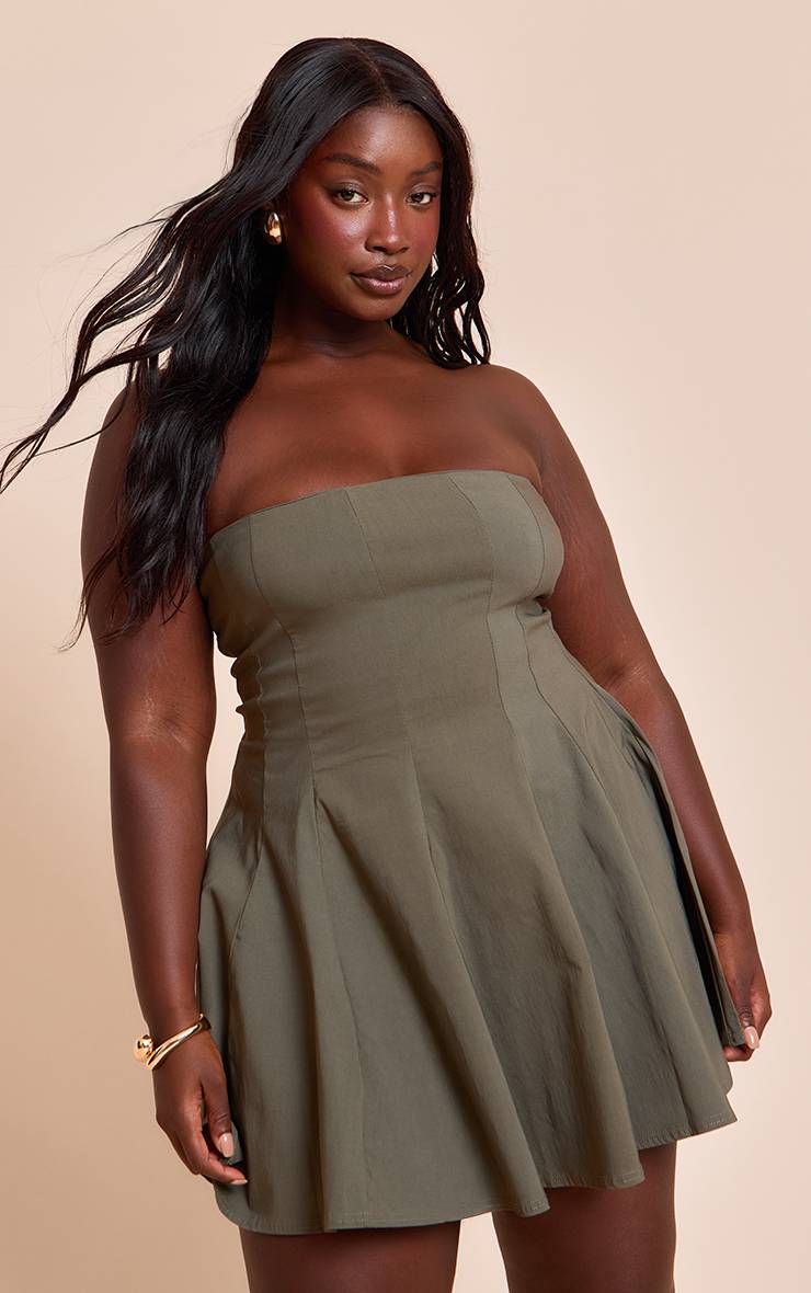 Kaki Robe Droite Plissée À Bandeau En Tissu Extensible Stretch Grande Taille