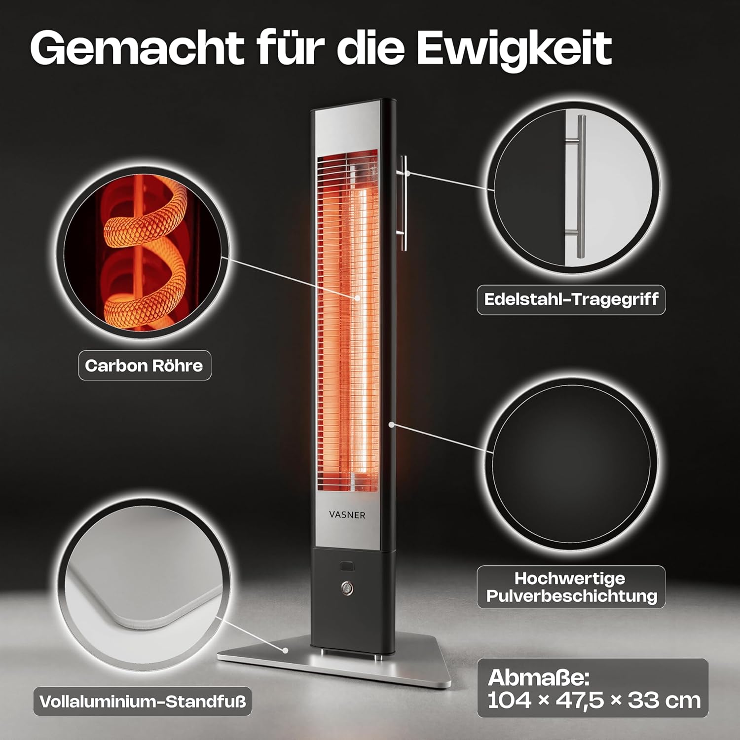 VASNER HeatTower Wärmestrahler – Infrarot Standheizstrahler 2500 Watt - Heizstrahler Terrasse elektrisch 4 Heizstufen - Elektro Heizstrahler Outdoor - Terrassenstrahler Infrarot inkl. Fernbedienung