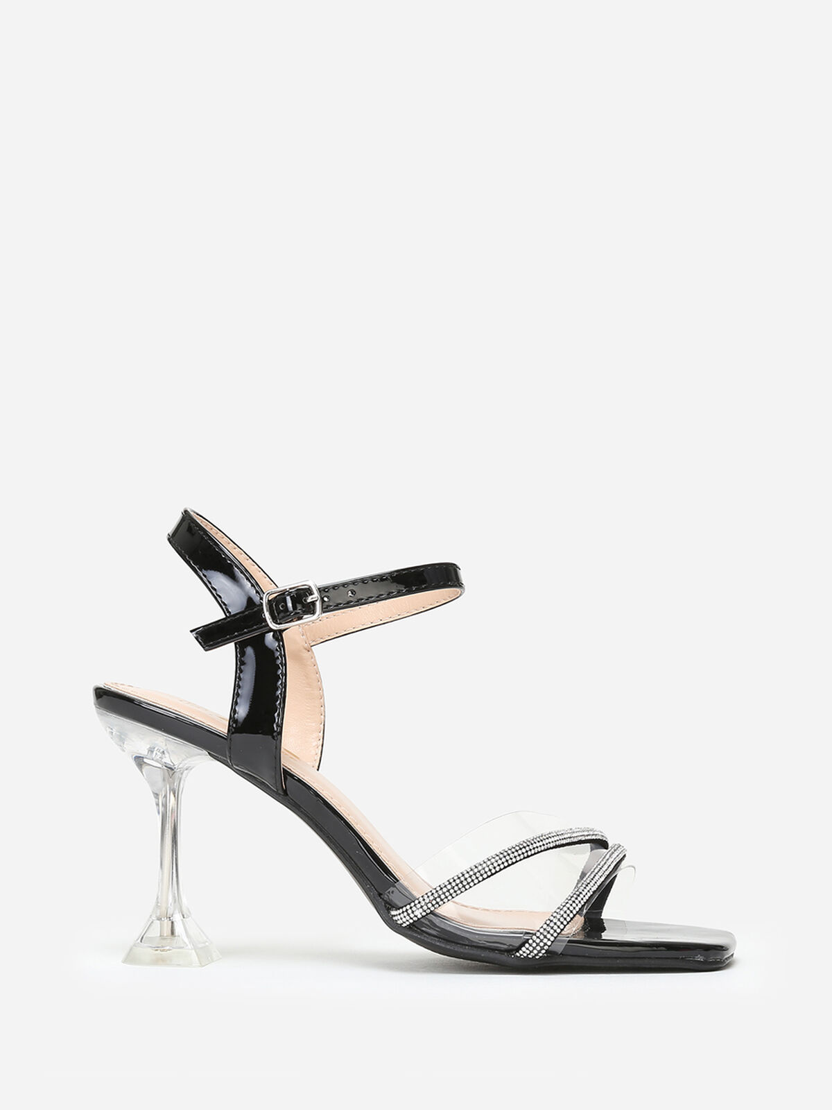 Sandales à strass avec talon bobine- Noir