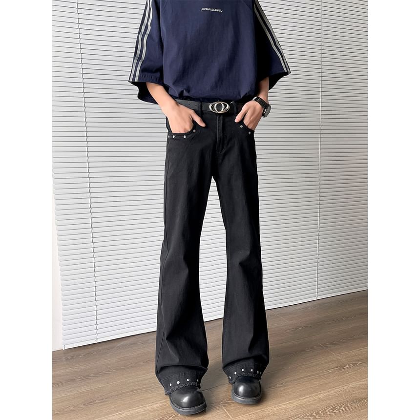 Filmas - Mid Rise Washed Frayed Studded Flared Jeans