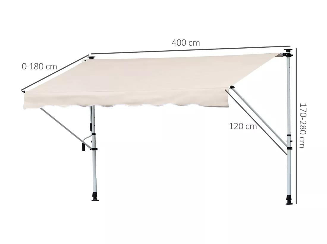 Store banne manuel rétractable 4L x 1,2l m inclinaison et hauteur réglable installation rapide métal alu polyester anti-UV crème