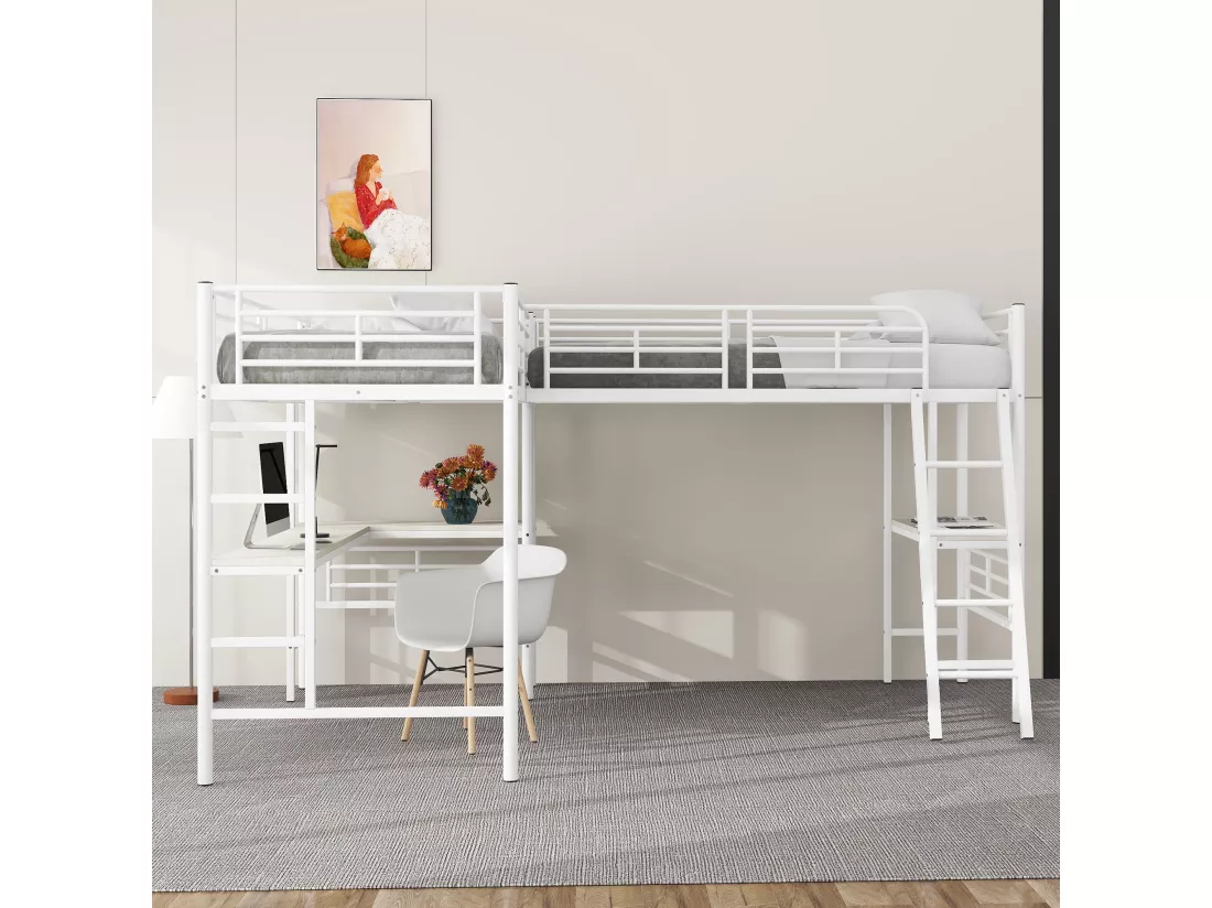 Blanc 90 * 200cm lits superposés, deux lits superposés, table sous le lit, Double escalier, barre de haute hauteur