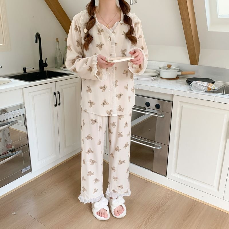 Sadelle - Koppel bijpassende pyjamaset met lange mouwen en berenprint