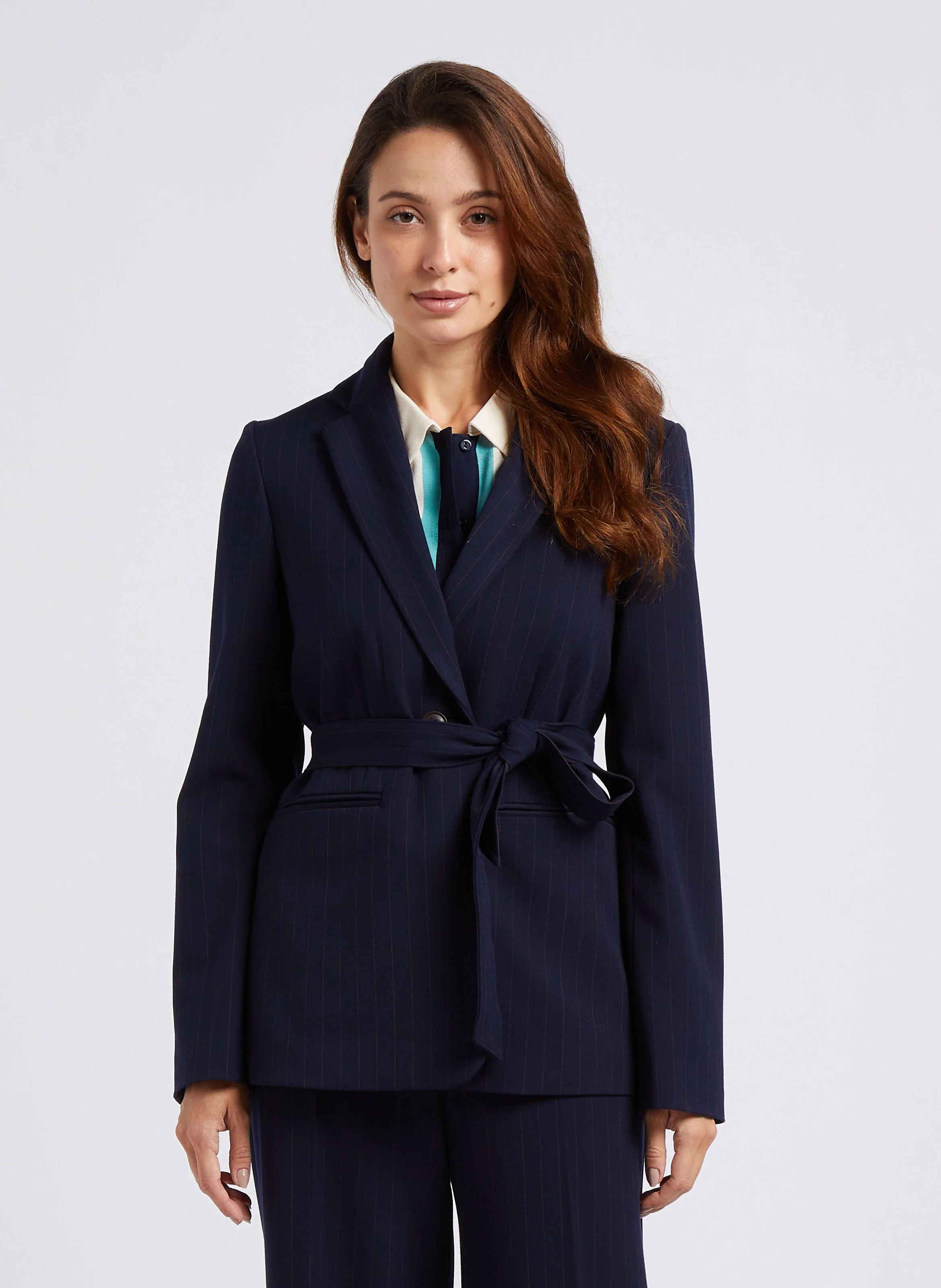 Blazer col tailleur à rayures ceinturé | Bleu