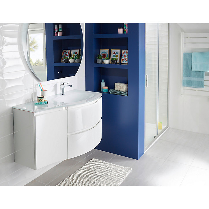 Meuble sous vasque blanc Vague 104 cm + complément gauche + plan vasque en verre