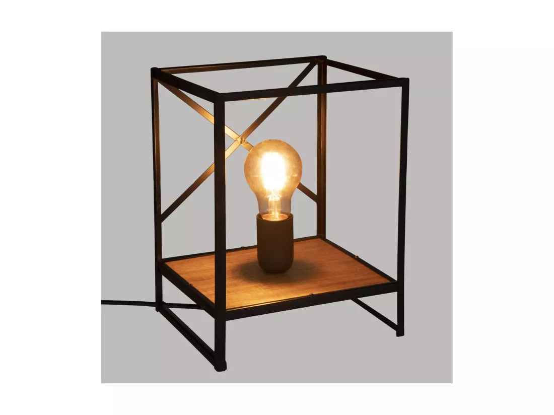 Lampe déco en Métal Noir et Bois d'Acacia H 26 cm