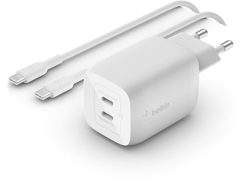 Belkin USB-Wandladegerät Dual USB-C GaN PD 65W   USB-C-Kabe Dual USB-C GaN Wall Charger mit PPS 65W und mitgeliefertem USB-C Kabel
