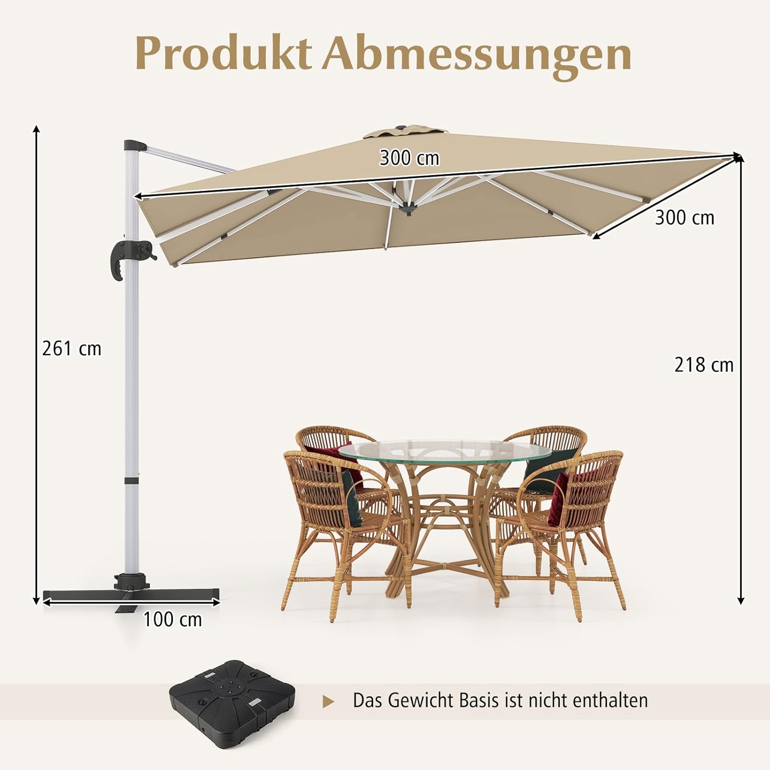 COSTWAY Sonnenschirm rechteckig 300 x 300 cm, großer Ampelschirm mit Kurbel, Gartenschirm neigbar, 360° drehbar, Terrassenschirm, Marktschirm für Garten, Terrasse, Balkon (Beige)
