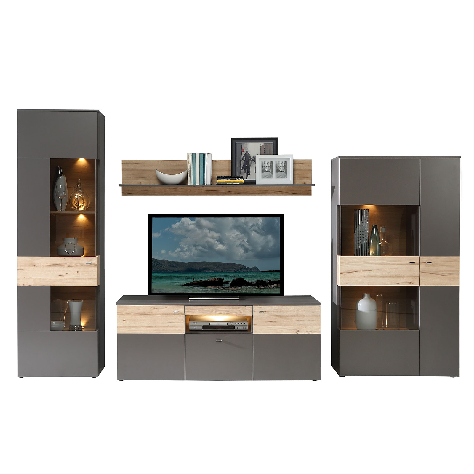 4-teiliges Wohnwand-Set - Eiche grau - Vitrine - mit Beleuchtung