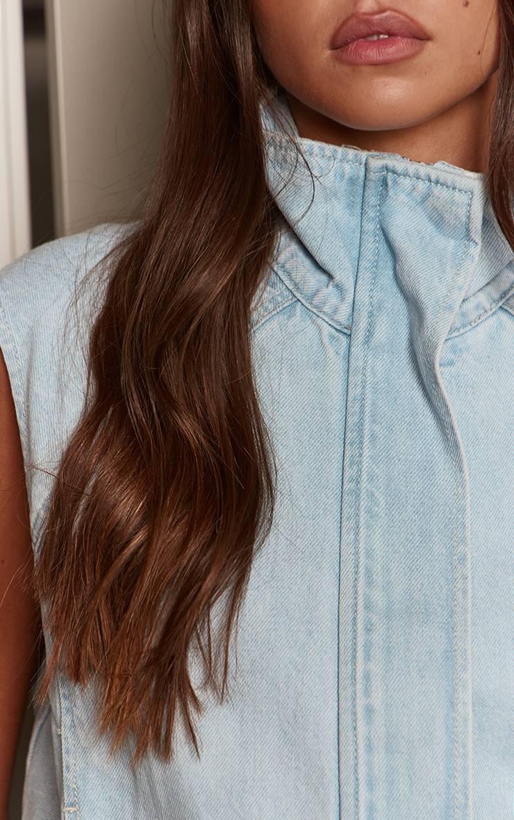 Bleu Glacé Gilet En Denim Délavé Col Montant Froncé