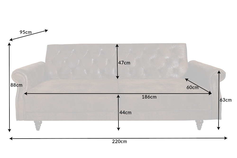 Chesterfield 3-Sitzer Sofa MAISON BELLE AFFAIRE 220cm antik braun Microfaser mit Schlaffunktion