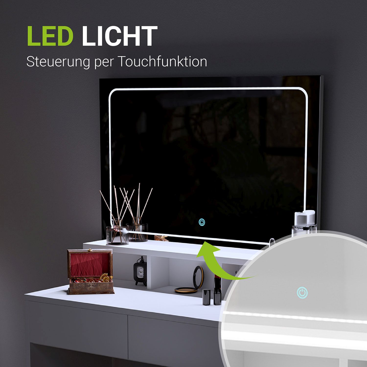 Juskys Schminktisch Kalea mit Beleuchtung, Spiegel & Schubladen - kleiner Make Up Tisch - Holz Weiß