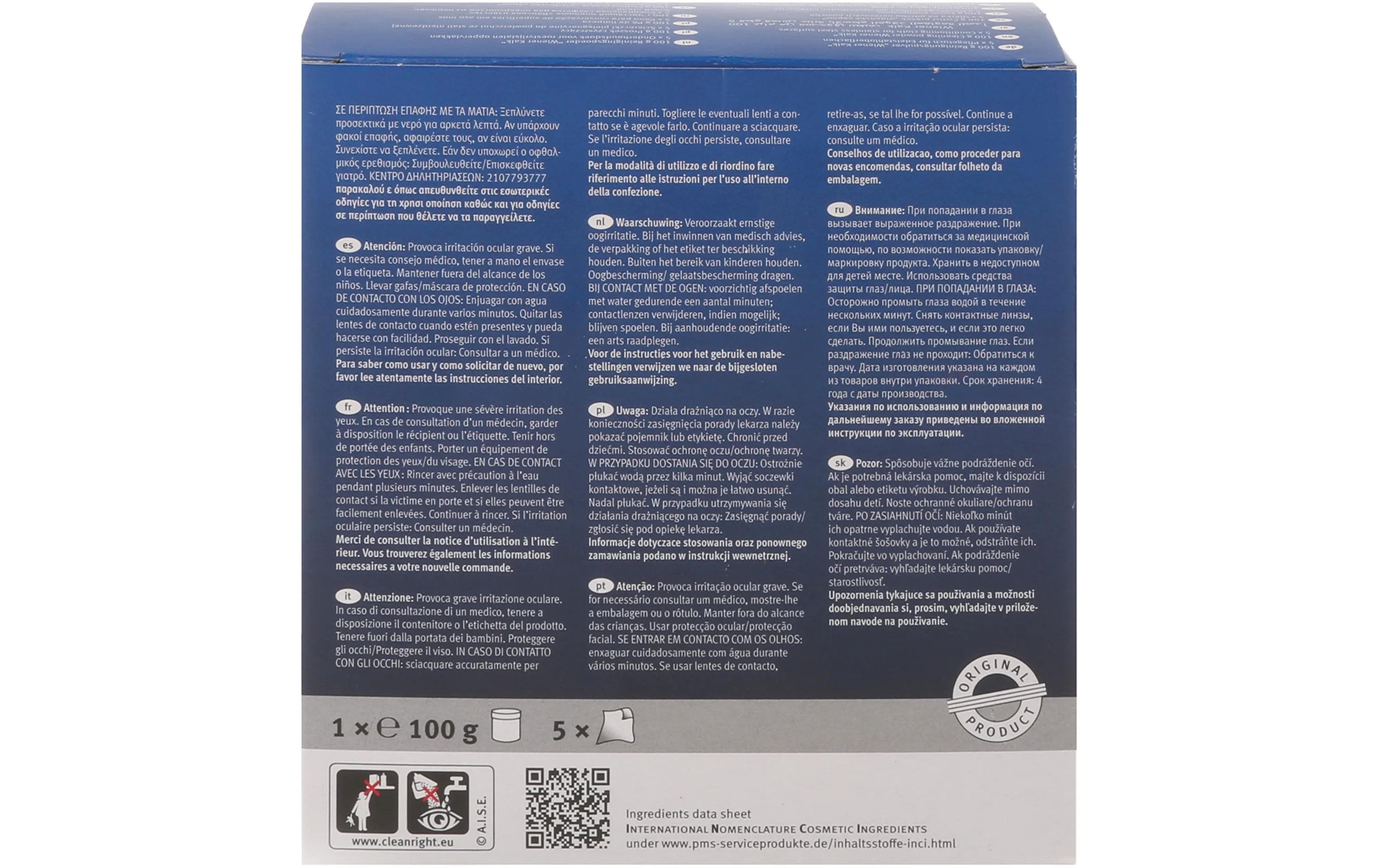 Edelstahlreiniger Set, Wiener Kalk100 g Reinigungspulver und 5 Pflegetücher