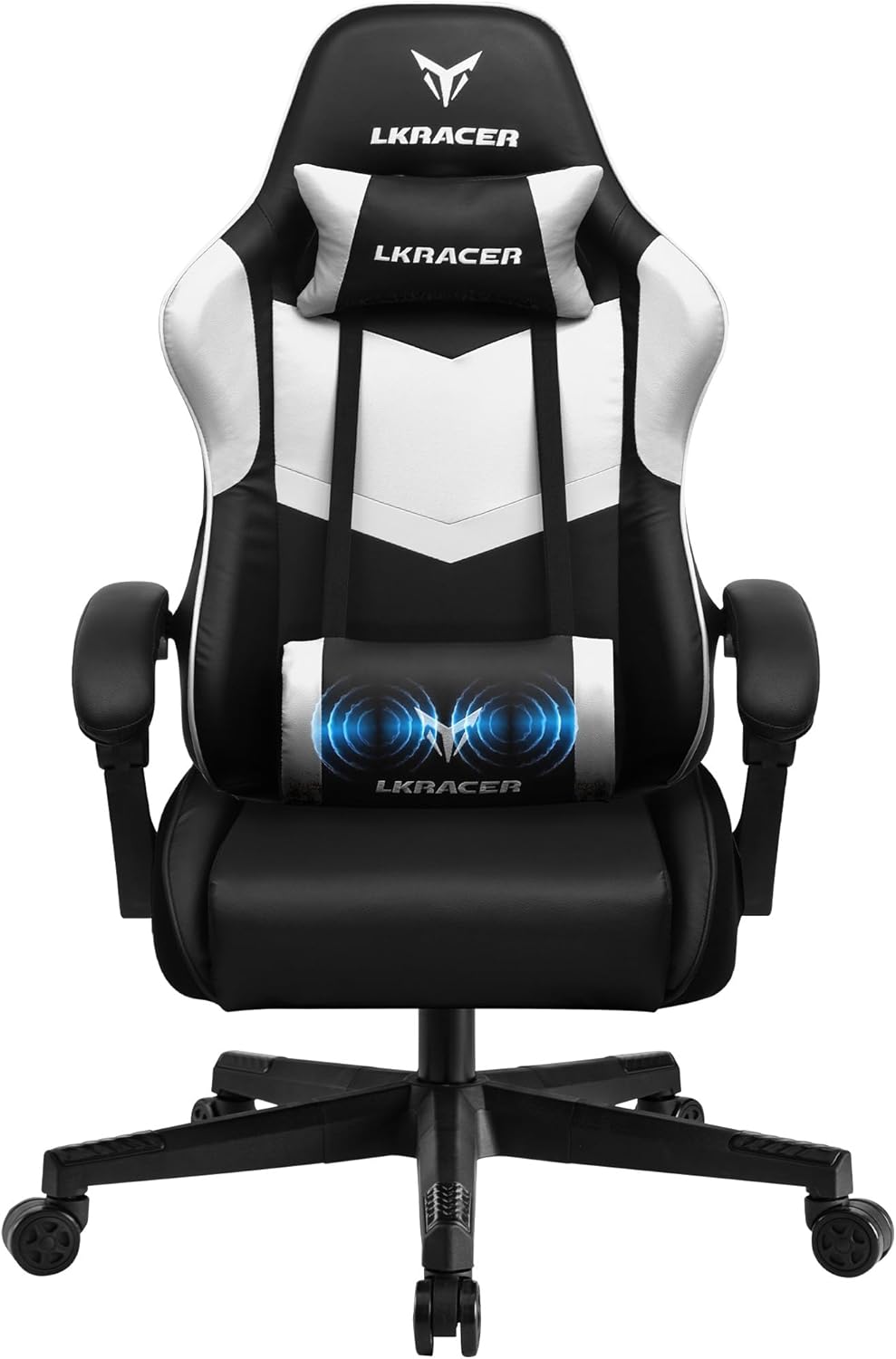 GTPLAYER Gaming Stuhl Bürostuhl Massage Gaming Sessel Ergonomischer Gamer Stuhl, Kopfstütze Massage-Lendenkissen, Gepolstert Gaming Chair, Drehsessel, weiß