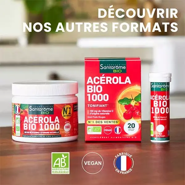 Santarome Bio - Acérola Bio 1000 - Vitamine C naturelle - 60 comprimés à croquer
