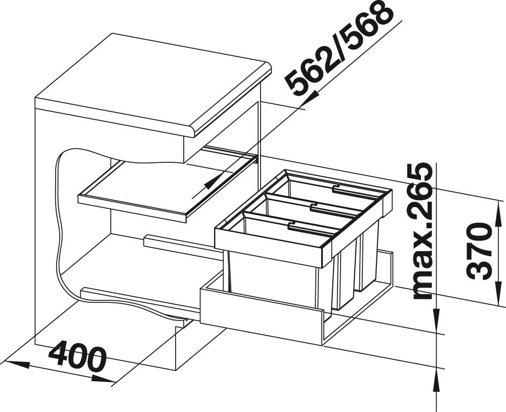 BLANCO FLEXON II 60/3 | Abfall Müllsystem | für 60 cm breite Unterschränke | System zum Einbau in Schubladen | Systemabdeckung | 3 x 15 Liter Eimer | Minimale Einbauhöhe: 355mm | [56,2x40x37,1 cm]